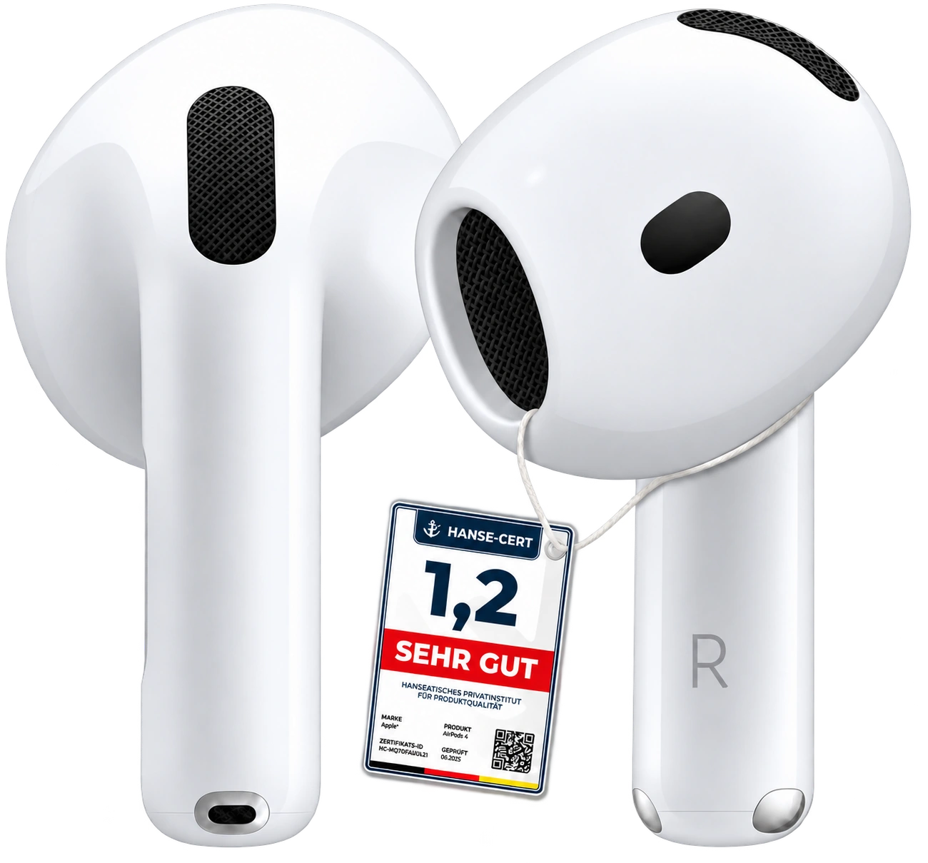 Illustration: In-Ear-Kopfhörer mit HANSE-CERT-Beispielsiegel